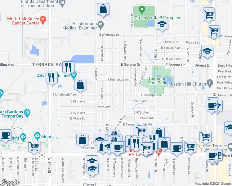 map of restaurants, bars, coffee shops, grocery stores, and more near 4716 East Linebaugh Avenue in Tampa
