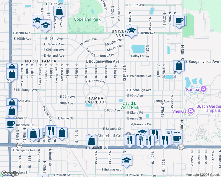 map of restaurants, bars, coffee shops, grocery stores, and more near 9905 North 20th Street in Tampa
