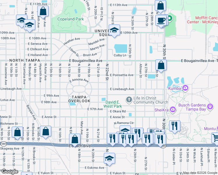 map of restaurants, bars, coffee shops, grocery stores, and more near 2212 East 99th Avenue in Tampa