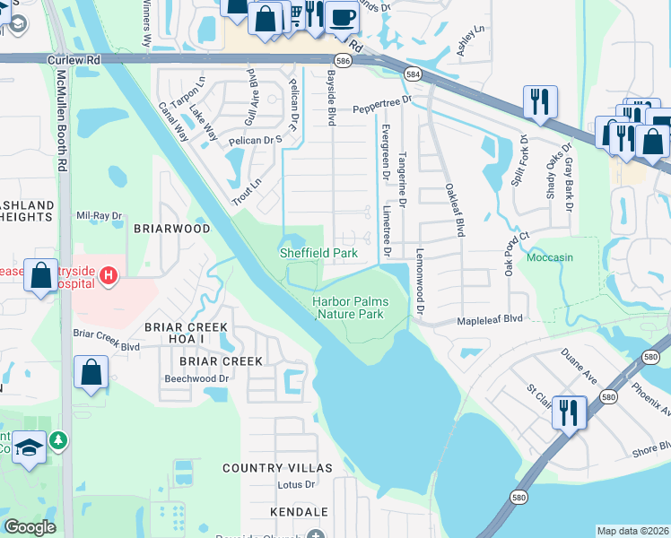 map of restaurants, bars, coffee shops, grocery stores, and more near 1919 Cutty Bay Court in Oldsmar