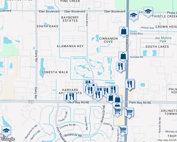 map of restaurants, bars, coffee shops, grocery stores, and more near 4780 Lake Waterford Way West in Melbourne