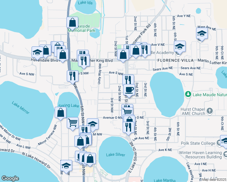 map of restaurants, bars, coffee shops, grocery stores, and more near 1709 3rd Street Northwest in Winter Haven