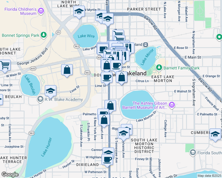 map of restaurants, bars, coffee shops, grocery stores, and more near 428 Florida Avenue South in Lakeland