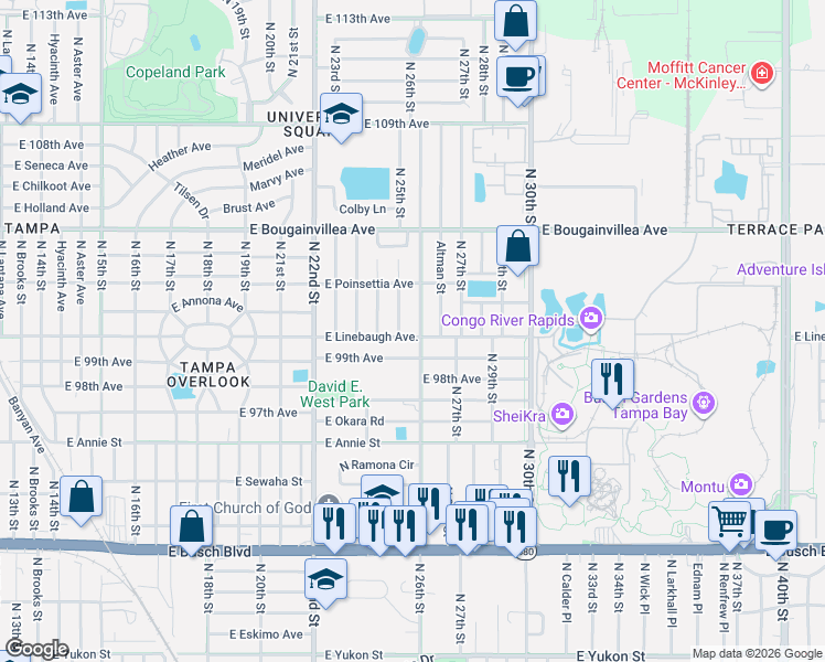 map of restaurants, bars, coffee shops, grocery stores, and more near 9904 North 26th Street in Tampa