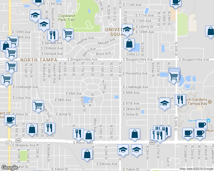 map of restaurants, bars, coffee shops, grocery stores, and more near 9905 North 20th Street in Tampa