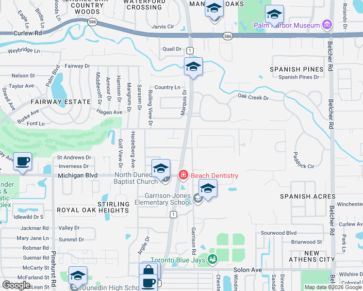 map of restaurants, bars, coffee shops, grocery stores, and more near 1541 Pleasant Grove Drive in Dunedin