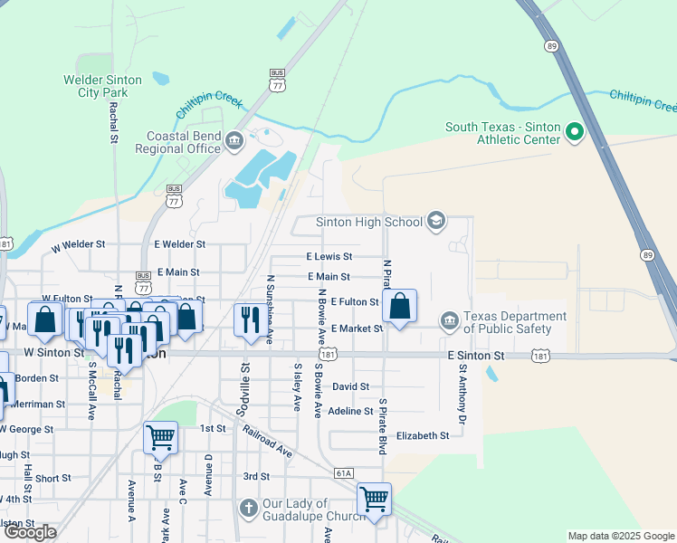 map of restaurants, bars, coffee shops, grocery stores, and more near 916 East Main Street in Sinton