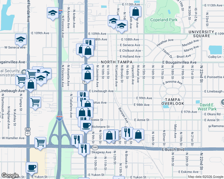 map of restaurants, bars, coffee shops, grocery stores, and more near 1118 East Linebaugh Avenue in Tampa