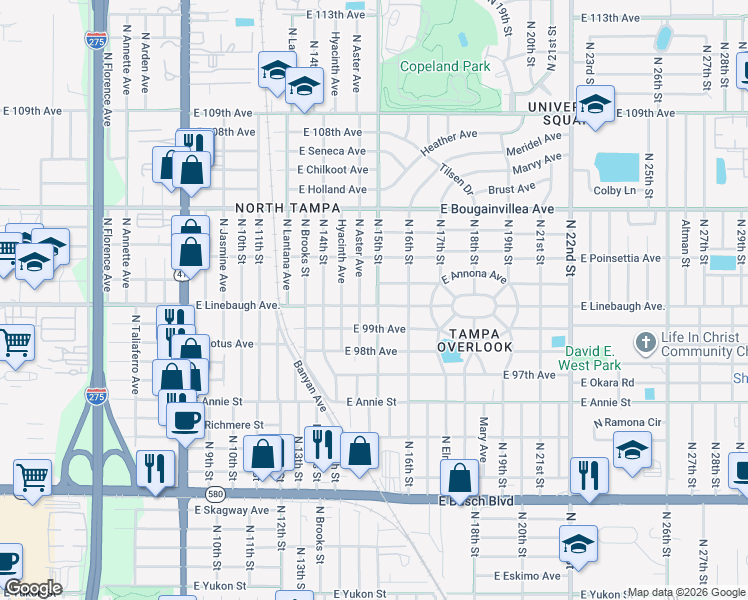 map of restaurants, bars, coffee shops, grocery stores, and more near 9902 North 15th Street in Tampa
