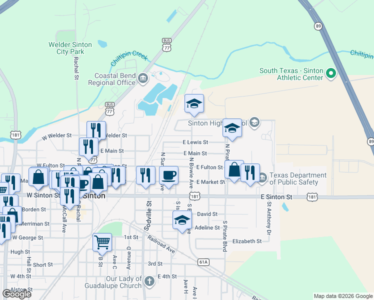 map of restaurants, bars, coffee shops, grocery stores, and more near 814 East Main Street in Sinton