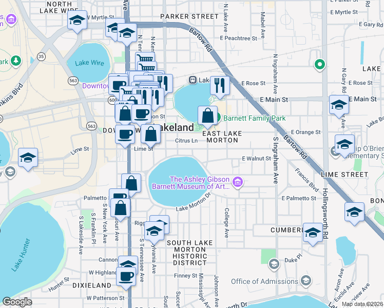 map of restaurants, bars, coffee shops, grocery stores, and more near 422 South Vermont Avenue in Lakeland
