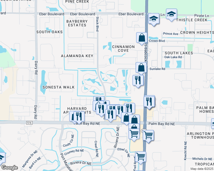 map of restaurants, bars, coffee shops, grocery stores, and more near 333 Lake in the Woods Drive in Melbourne