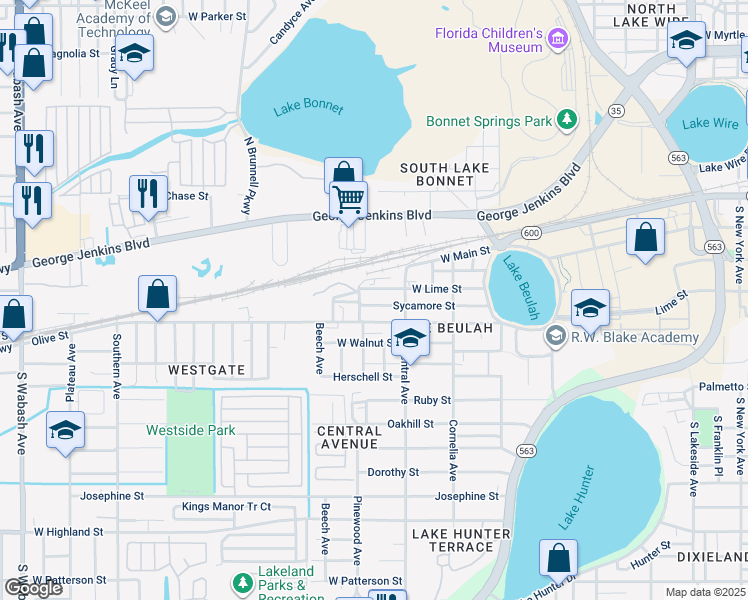 map of restaurants, bars, coffee shops, grocery stores, and more near 1227 Sycamore Street in Lakeland