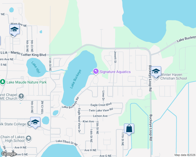 map of restaurants, bars, coffee shops, grocery stores, and more near 60 Buckeye Circle Northeast in Winter Haven