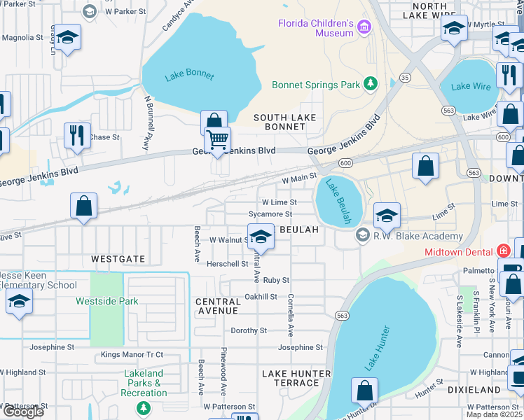map of restaurants, bars, coffee shops, grocery stores, and more near 430 South Central Avenue in Lakeland