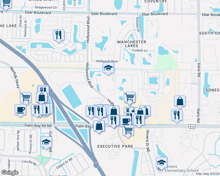 map of restaurants, bars, coffee shops, grocery stores, and more near 4744 Academic Lane in West Melbourne