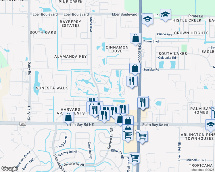map of restaurants, bars, coffee shops, grocery stores, and more near 4680 Lake Waterford Way in Melbourne