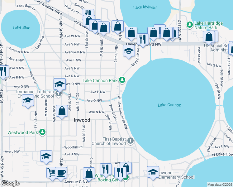 map of restaurants, bars, coffee shops, grocery stores, and more near 1457 West Lake Cannon Drive Northwest in Winter Haven