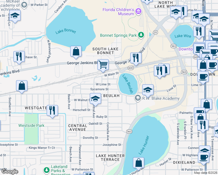 map of restaurants, bars, coffee shops, grocery stores, and more near 1117 Olive Street in Lakeland