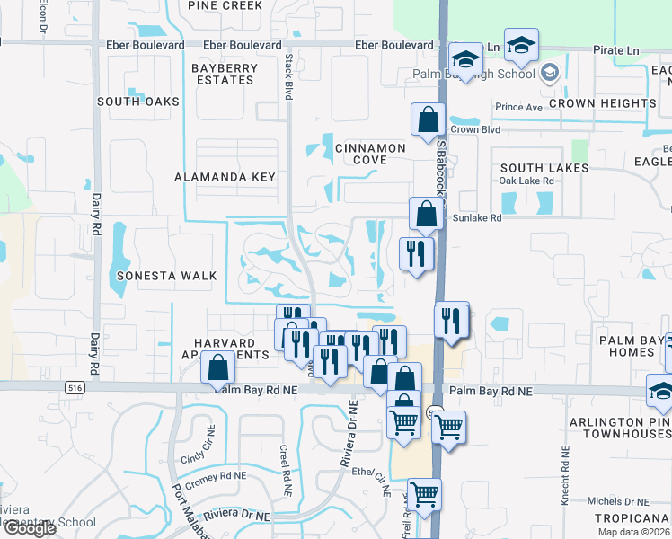 map of restaurants, bars, coffee shops, grocery stores, and more near 4610 Lake Waterford Way in Melbourne