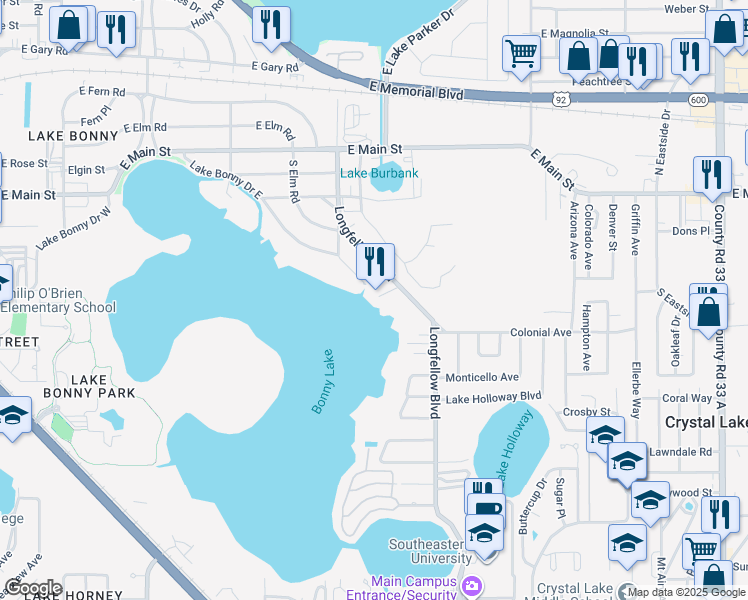 map of restaurants, bars, coffee shops, grocery stores, and more near 429 Longfellow Boulevard in Lakeland