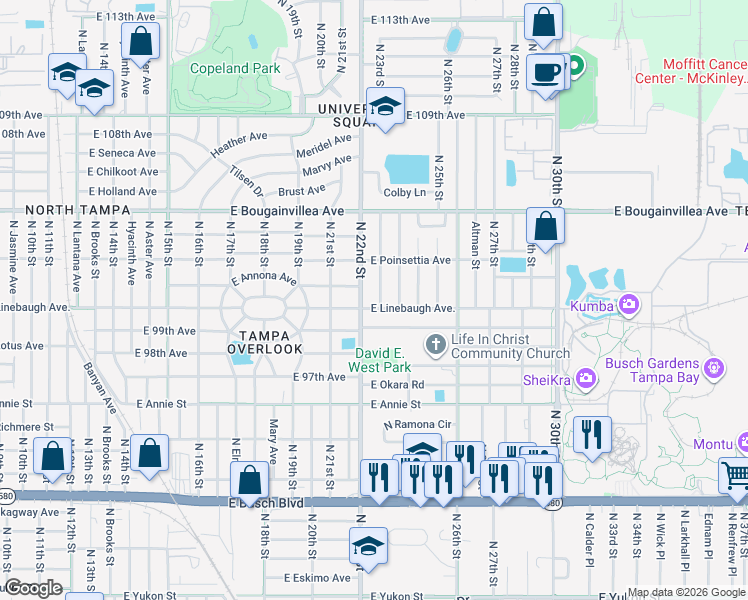 map of restaurants, bars, coffee shops, grocery stores, and more near 10004 North 23rd Street in Tampa