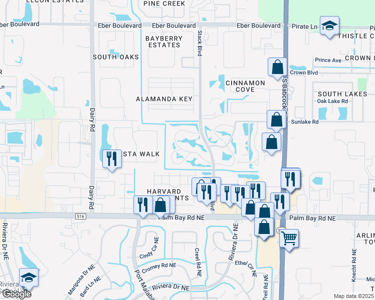 map of restaurants, bars, coffee shops, grocery stores, and more near 72 Park Lake Drive in Melbourne