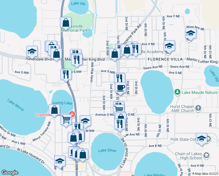 map of restaurants, bars, coffee shops, grocery stores, and more near 1708 2nd Street Northeast in Winter Haven