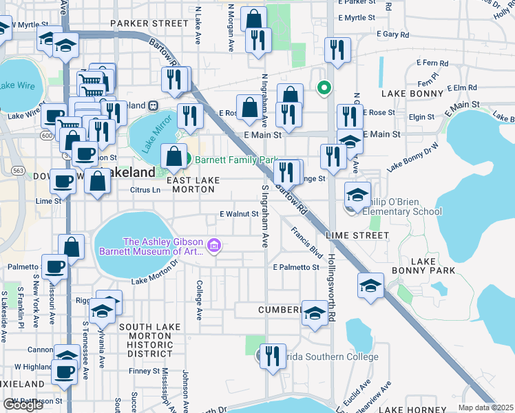 map of restaurants, bars, coffee shops, grocery stores, and more near 509 South Ingraham Avenue in Lakeland