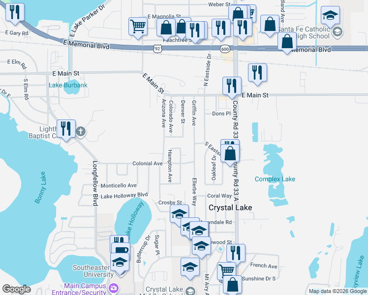 map of restaurants, bars, coffee shops, grocery stores, and more near 425 Ellerbe Way in Lakeland