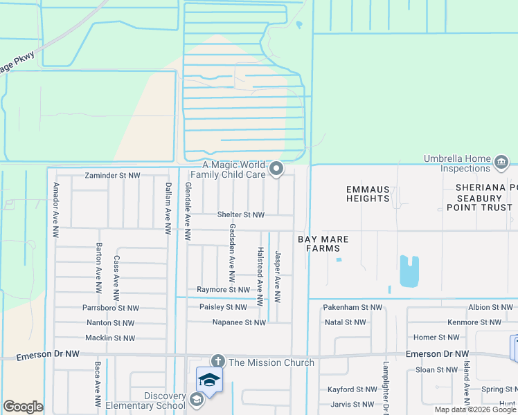 map of restaurants, bars, coffee shops, grocery stores, and more near 1548 Shelter Street Northwest in Palm Bay