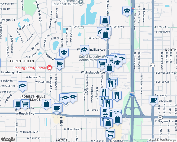 map of restaurants, bars, coffee shops, grocery stores, and more near 221 West Marham Avenue in Tampa