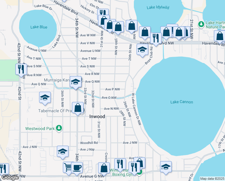 map of restaurants, bars, coffee shops, grocery stores, and more near 2843 Avenue O Northwest in Winter Haven