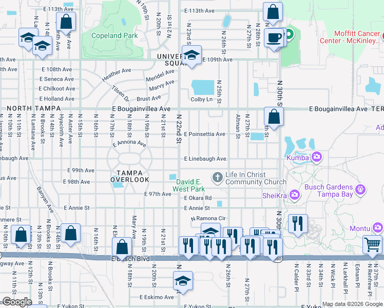 map of restaurants, bars, coffee shops, grocery stores, and more near 2212 East 99th Avenue in Tampa