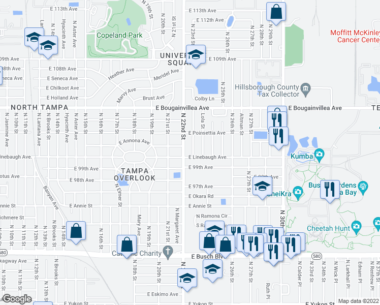 map of restaurants, bars, coffee shops, grocery stores, and more near 10004 North 23rd Street in Tampa