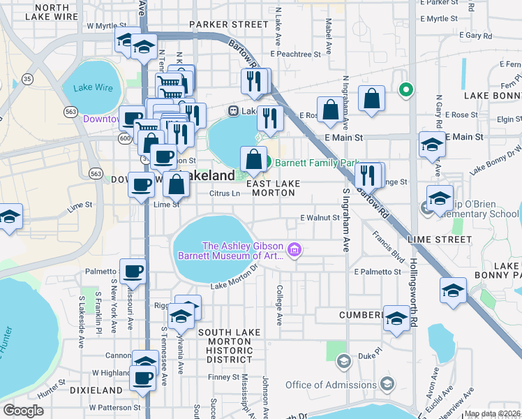 map of restaurants, bars, coffee shops, grocery stores, and more near 726 Lime Street in Lakeland