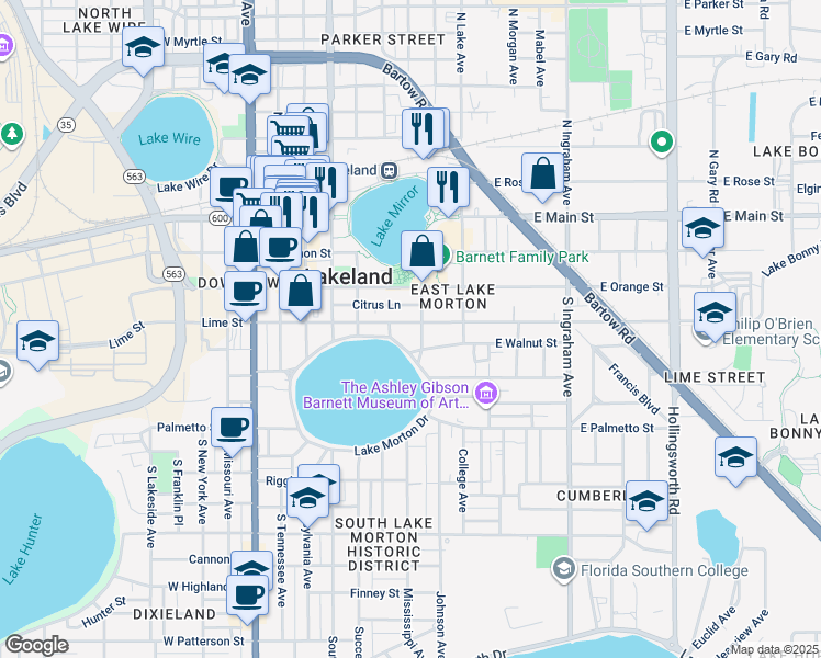 map of restaurants, bars, coffee shops, grocery stores, and more near 319 South Indiana Avenue in Lakeland