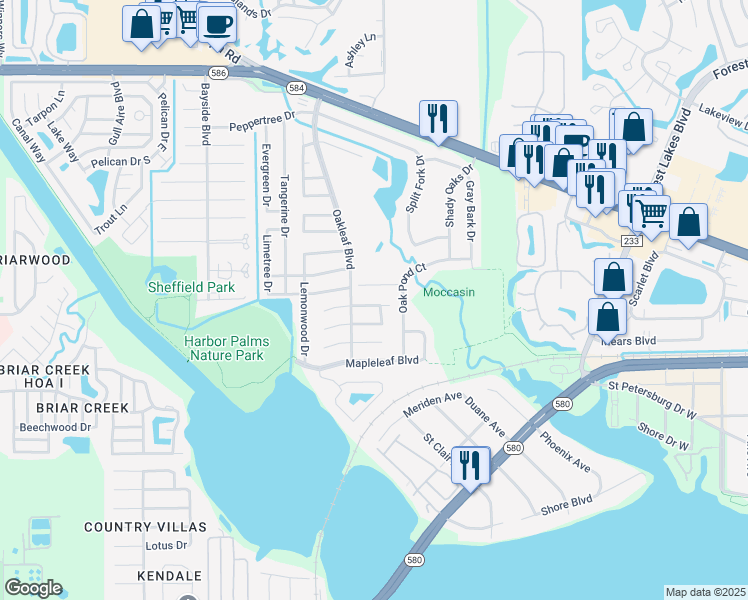 map of restaurants, bars, coffee shops, grocery stores, and more near 1708 Hibiscus Circle North in Oldsmar