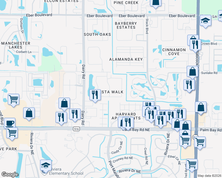map of restaurants, bars, coffee shops, grocery stores, and more near 4565 Radiant Way in Melbourne