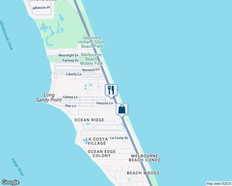 map of restaurants, bars, coffee shops, grocery stores, and more near 2963 South Highway A1A in Melbourne Beach