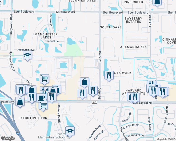 map of restaurants, bars, coffee shops, grocery stores, and more near 4605 Crosswind Court in Melbourne