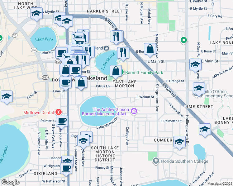 map of restaurants, bars, coffee shops, grocery stores, and more near 319 South Indiana Avenue in Lakeland