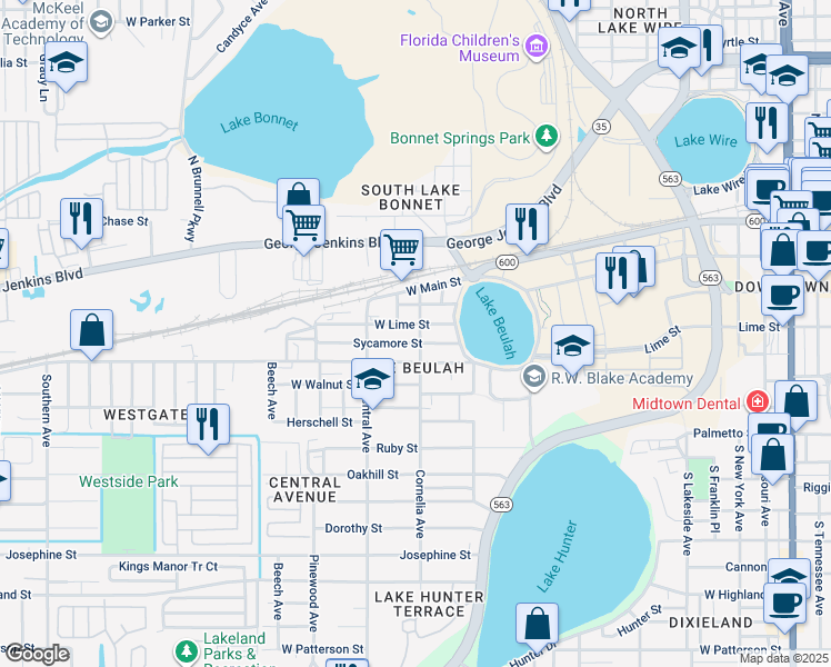 map of restaurants, bars, coffee shops, grocery stores, and more near 1111 West Lime Street in Lakeland