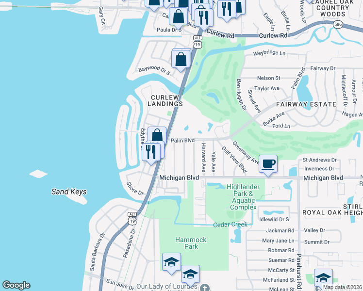 map of restaurants, bars, coffee shops, grocery stores, and more near 623 Palm Boulevard in Dunedin