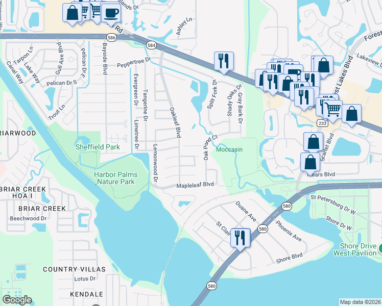 map of restaurants, bars, coffee shops, grocery stores, and more near 1708 Hibiscus Circle North in Oldsmar