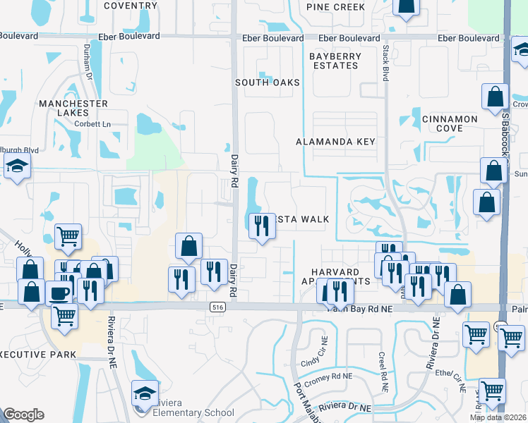 map of restaurants, bars, coffee shops, grocery stores, and more near 1140 Luminary Circle in Melbourne