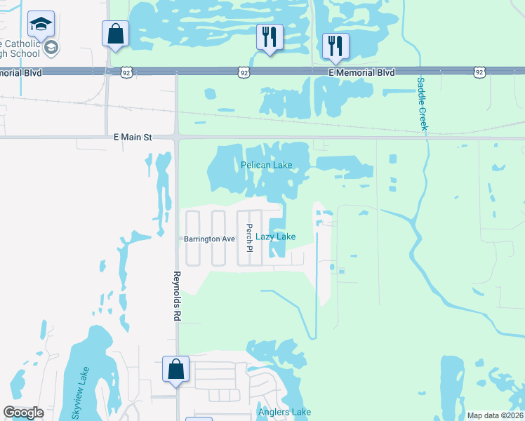 map of restaurants, bars, coffee shops, grocery stores, and more near 3612 Lazy Lake Drive North in Lakeland