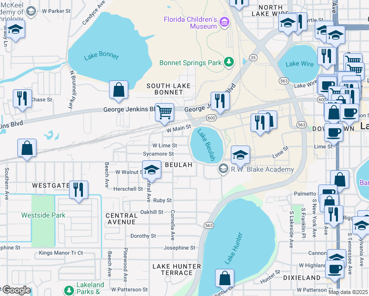 map of restaurants, bars, coffee shops, grocery stores, and more near 1026 West Lime Street in Lakeland