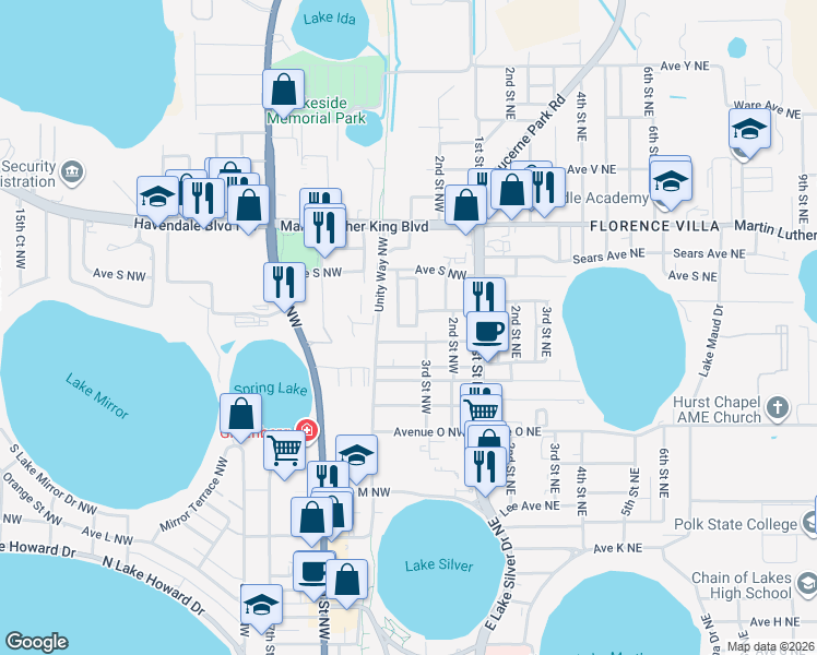 map of restaurants, bars, coffee shops, grocery stores, and more near 181 Avenue R Northwest in Winter Haven