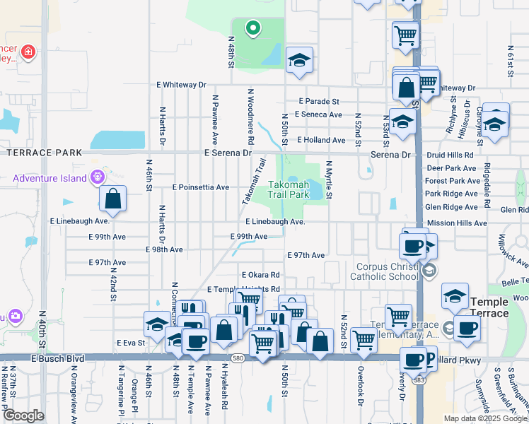 map of restaurants, bars, coffee shops, grocery stores, and more near 10099 Takomah Trail in Tampa